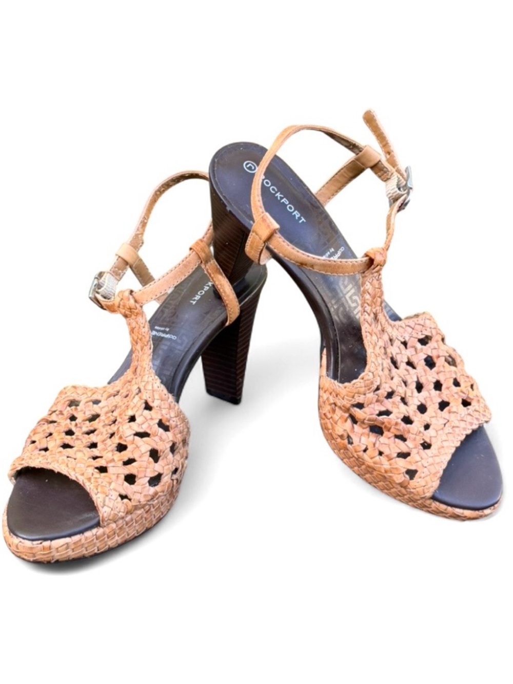 Rockport adiPRENE by adidas leather woven t-strap heel tan, Size 6, Boho
